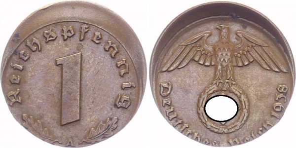Drittes Reich 1 Pfennig 1938 A Fehlprägung, Mint Error.