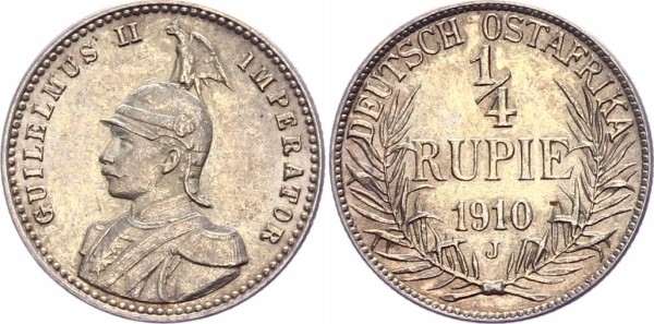 Deutsch Ostafrika 1/4 Rupie 1910 J Kolonie, Wilhelm II.