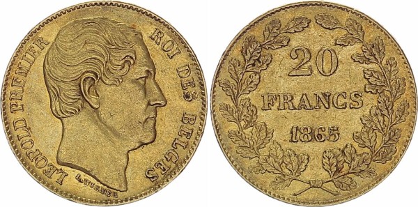 Belgien 20 Francs 1865 Leopold I. 1831 - 1865