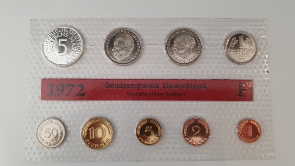 BRD 10,68 DM 1972 F Kursmünzensatz (KMS) 1 Pf. bis 5 DM