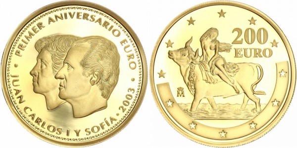 Spanien 200 Euro 2003 - Juan Carlos I und Sofia / 1. Jahrestag Euroeinführung