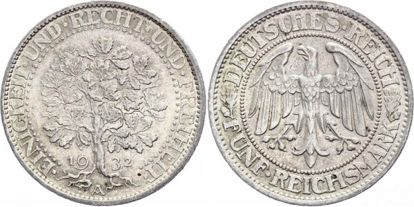 Weimarer Republik 5 Reichsmark 1932 A Eichbaum