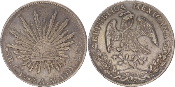 MEXICO. 8 Reales, 1893-Cn. CULIACÁN Mint