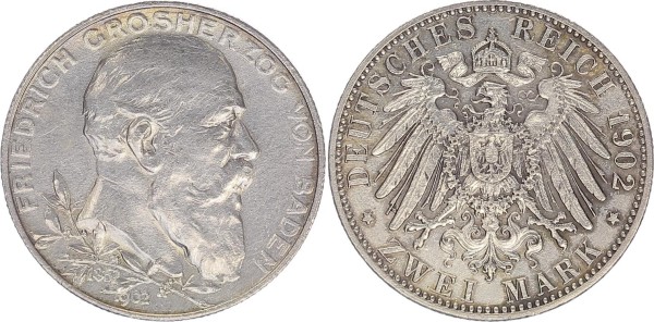 Kaiserreich Baden 2 Mark 1902 G Friedrich I. 1856-1907, Regierungsjubiläum