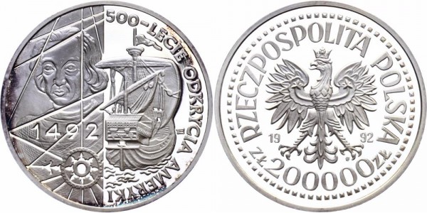 Polen 200.000 Zlotych 1992 - 500. Jahrestag der Entdeckung Amerikas - Kolumbus