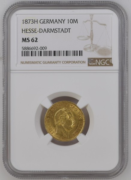 Hessen-Darmstadt 10 Mark 1873 H Ludwig III. (1847 - 1877) NGC MS62