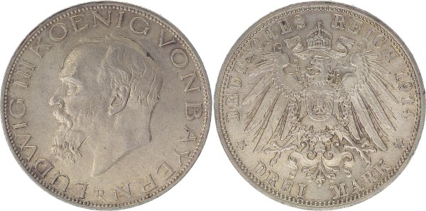Königreich Bayern 3 Mark 1914 D Ludwig III. (1913 - 1918 )