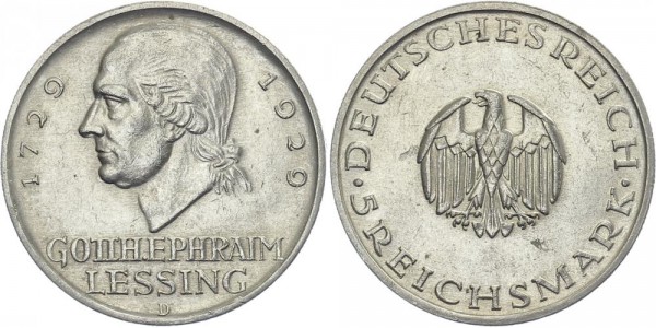 Weimarer Republik 5 Mark 1929 D Lessing