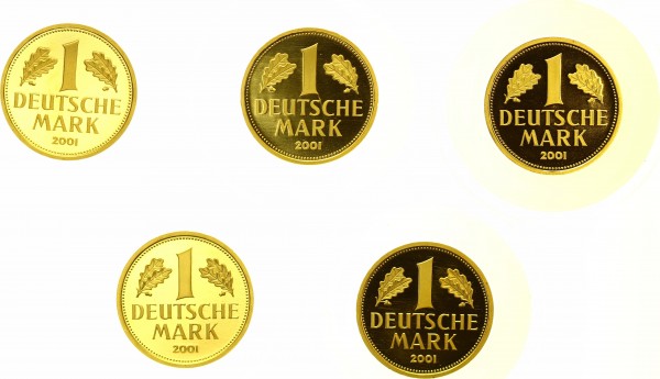 BRD 5x 1 Mark 2001 A, D, F, G, J "Goldmark", Deutsche Mark, Komplettserie