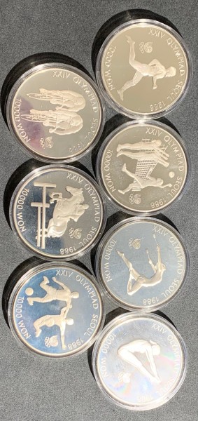 Korea 7x 10000 Won 1986-1988 - Silber Anlageposten, Olympiade Silbermünzen