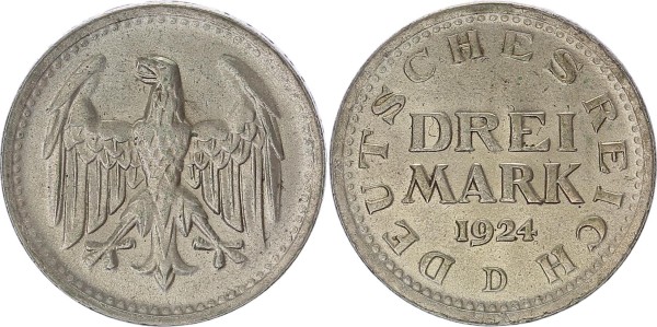 Weimarer Republik Deutsches Reich 3 Mark 1924 D Kursmünze Drei ausgeschrieben