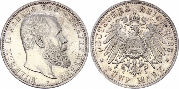 Württemberg 5 Mark 1908 - Wilhelm II. 1891-1918.