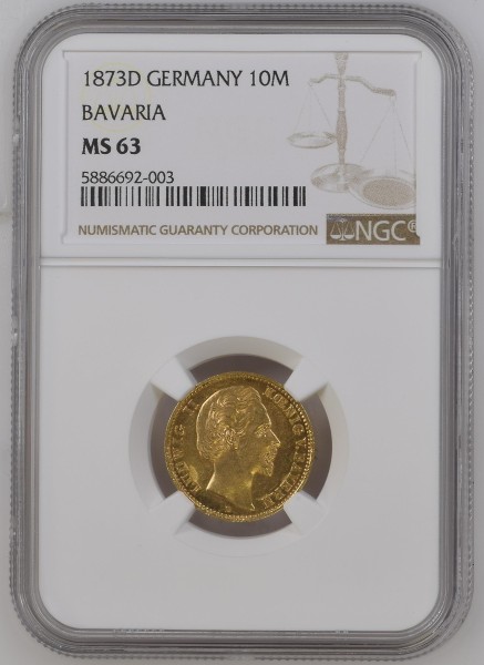 Königreich Bayern 10 Mark 1873 D Ludwig II. 1864-1886 NGC MS63