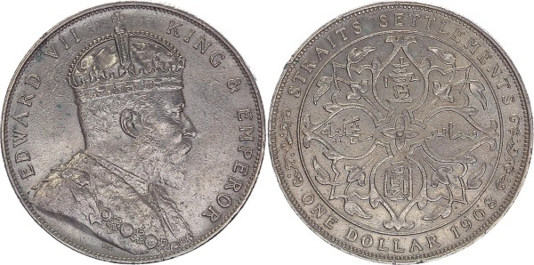 Malaysia 1 Dollar 1908 London Straits Settlements Eduard VII.