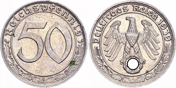 Drittes Reich 50 Reichspfennig 1939 E Kursmünze, mit Hakenkreuz