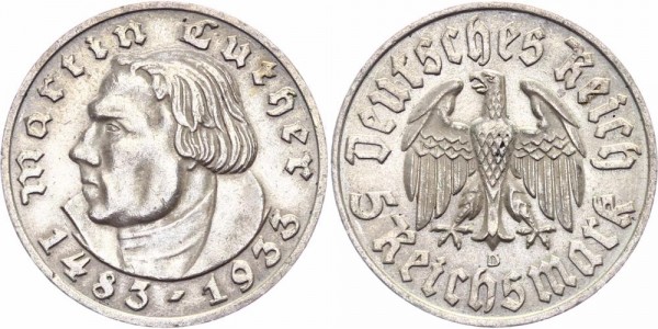 Drittes Reich 5 Reichsmark 1933 D Martin Luther