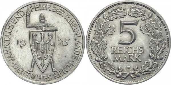 Weimarer Republik 5 Mark 1925 F Rheinlande
