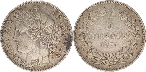 Frankreich 5 Francs 1871 K Dritte Republik 1870-1940