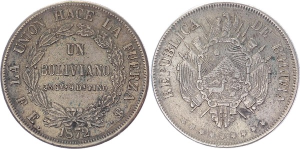 Bolivien Un Boliviano 1872 Republik seit 1825