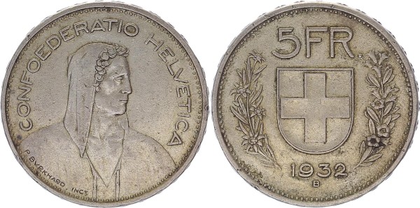 Schweiz 5 Franken 1932 B Kursmünze