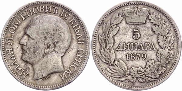 Serbien 5 Dinara 1879 - Milan I. Obrenowitsch, 1882-1889