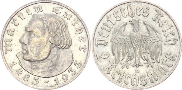 Drittes Reich 2 Reichsmark 1933 D Luther