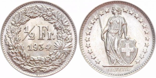 Schweiz 1/2 Franken 1934 B Eidgenossenschaft