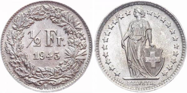 Schweiz 1/2 Franken 1943 B Eidgenossenschaft
