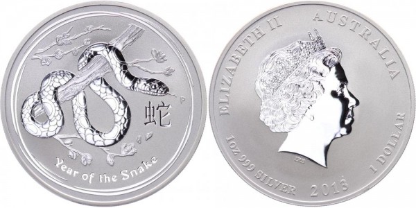 Australien 1 Dollar (1 Oz Silber) 2013 - Jahr der Schlange/Snake, Lunar