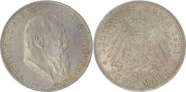 Königreich Bayern 5 Mark 1911 D Zum 90. Geburtstag von Prinzregent Luitpold
