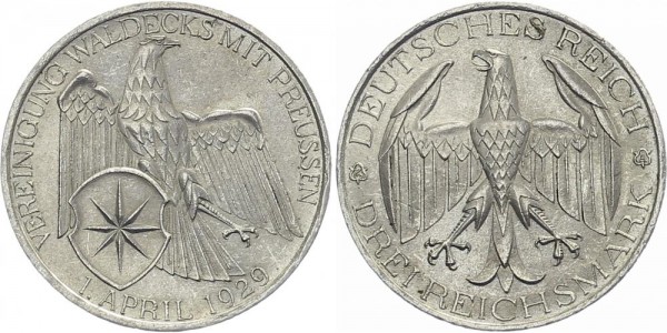 Weimarer Republik 3 Mark 1929 A Vereinigung Waldecks mit Preußen