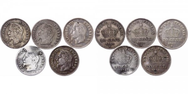 Frankreich 5x 20 Centimes 1867 A+BB Lot Kursmünzen