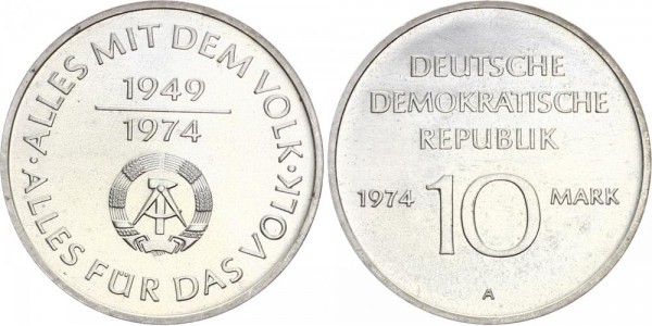DDR 10 Mark 1974 - 25 Jahre DDR, Silberprobe!