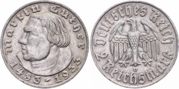 Drittes Reich 2 Reichsmark 1933 D Martin Luther